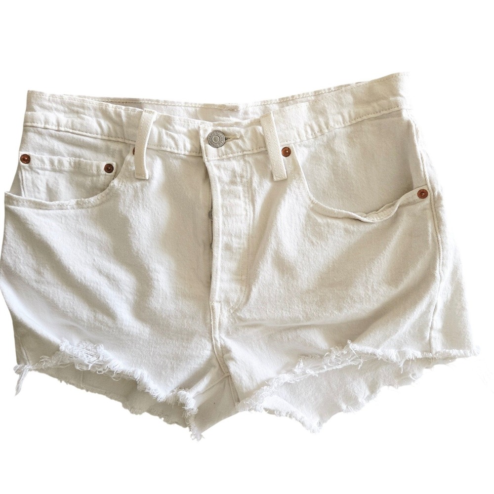 Levis 501 Original High Rise White Denim Cut Off Shorts Size 30 Button Fly